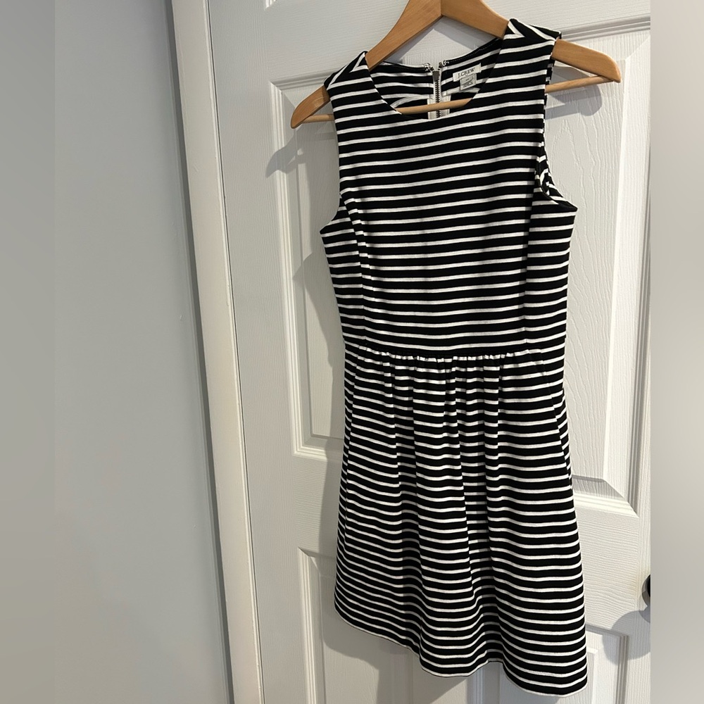 J. Crew Black and White Striped Sleeveless Fit-and-Flare Dress